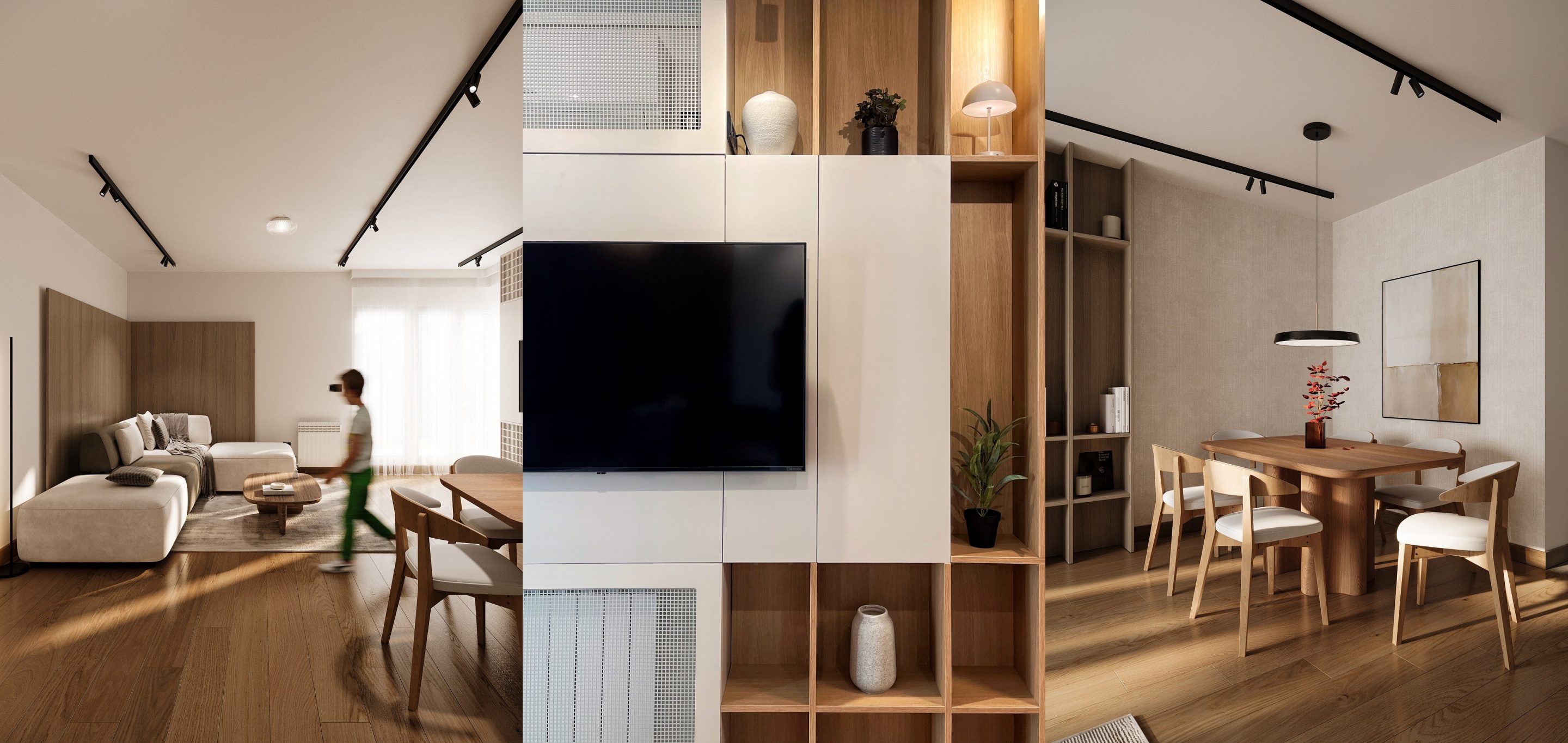 Četverosoban stan ima rješenje koje skriva sve što ne želimo gledati kroz topli drveni dizajn